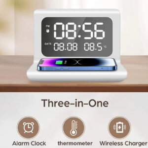 Three-in-One Digital Alarm Clock with Wireless Charging & Thermometer