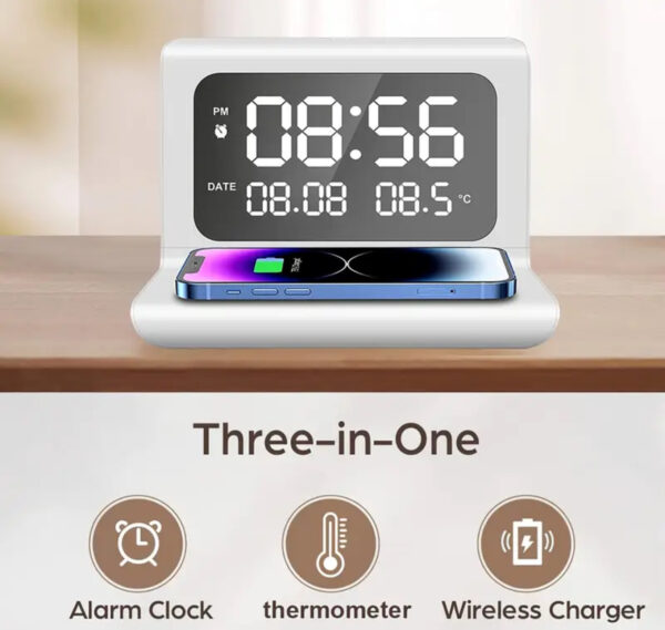 Three-in-One Digital Alarm Clock with Wireless Charging & Thermometer