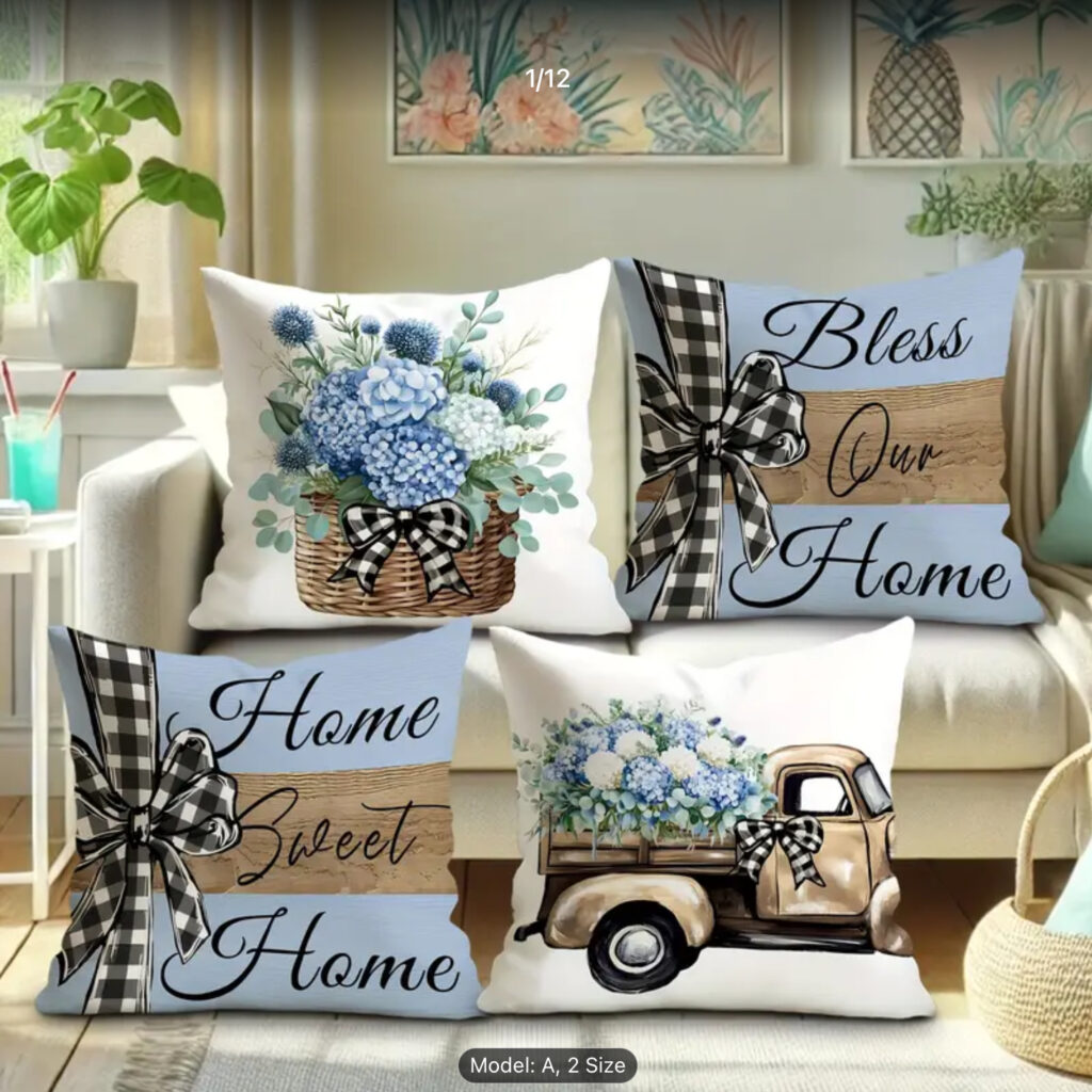 Farmhouse Blue Floral & Plaid Bow Throw Pillow Covers