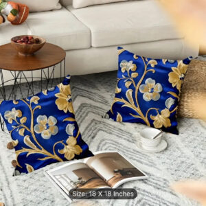 Blue & Gold Floral Embroidered Throw Pillow Covers